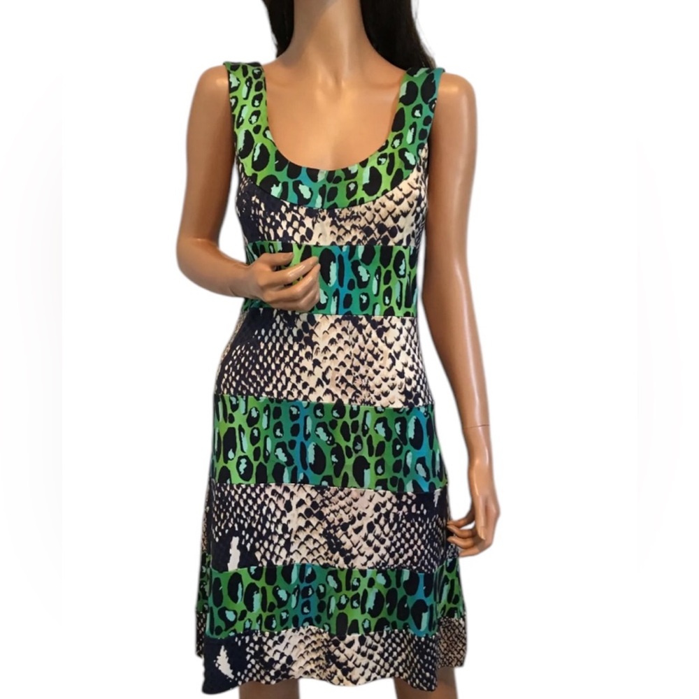 Diane Von Furstenberg Green, Teal & Black Animal Print Sleeveless Dress